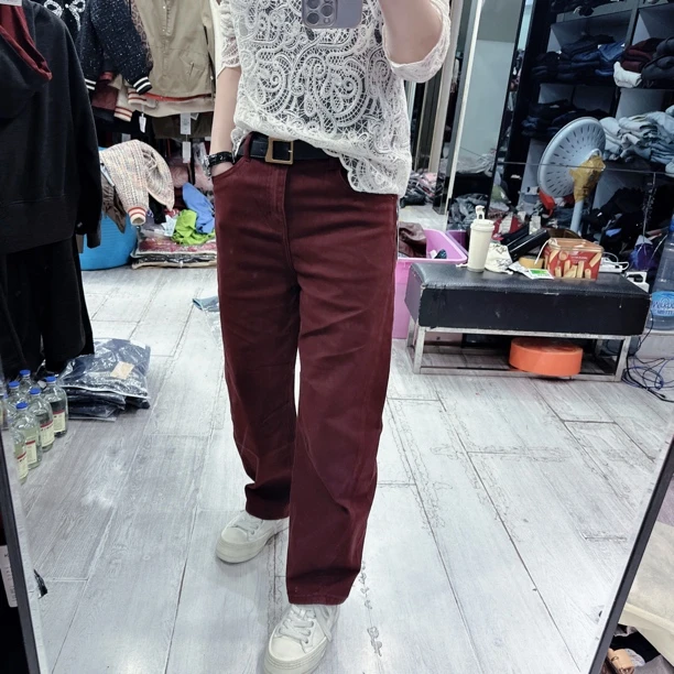 韩版2色带皮带水洗弯刀休闲牛仔裤8573品