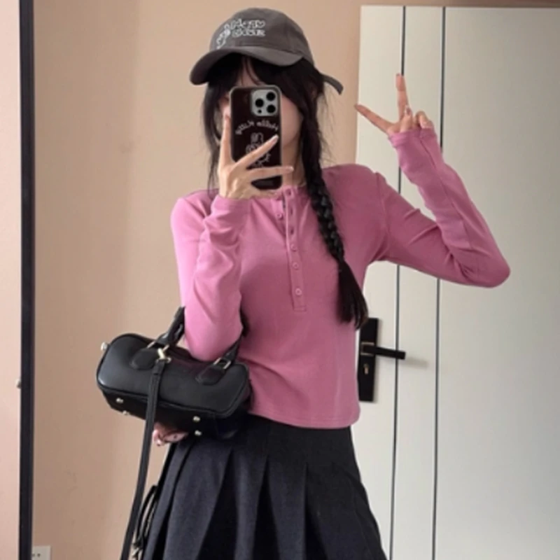 微胖ootd穿搭粉色半开领正肩长袖T恤女秋季大码显瘦独特休闲上衣