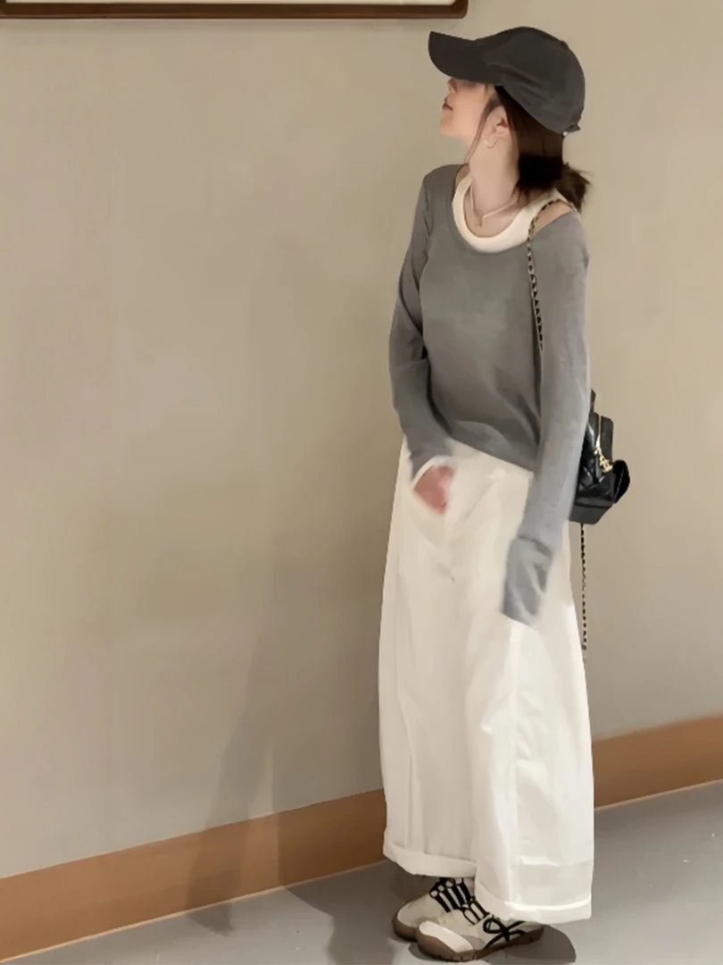 灰色假两件新款显瘦上衣新款爆款高级打底衫女内搭韩系上衣ins