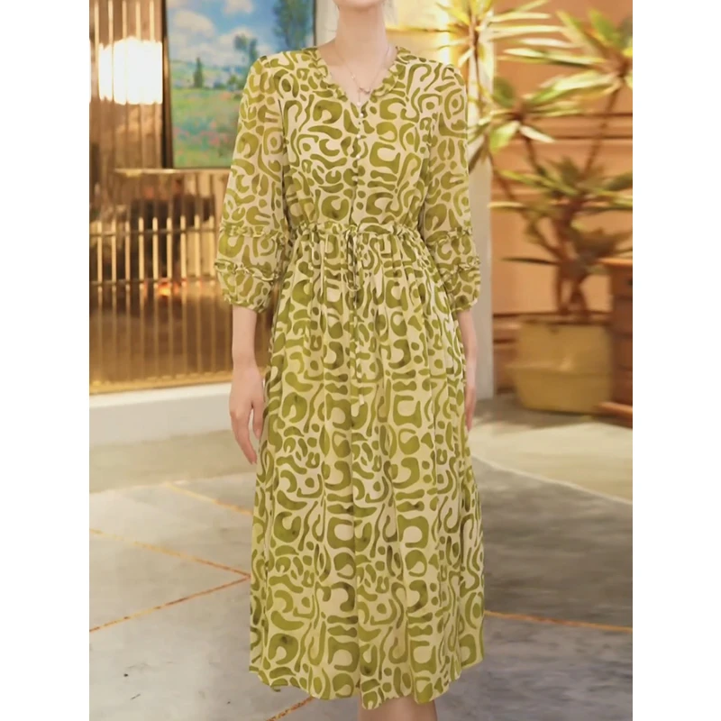 法式时尚显瘦春夏气质真丝裙印花收腰桑蚕丝连衣裙女YYQ22-8221