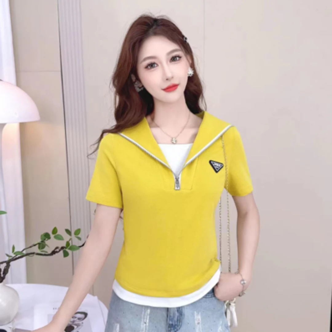 25007#【衣长53】拼色短袖海军领纯色T恤时尚百搭女士显瘦洋气上衣