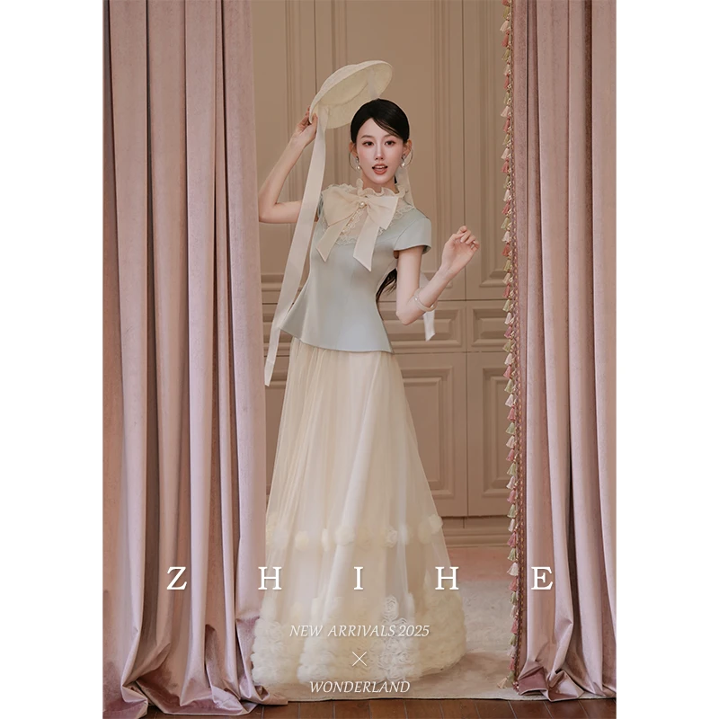 无艳一禾【缔芙妮小姐】静奢法式重工水晶缎收腰上衣+柔光纱半裙