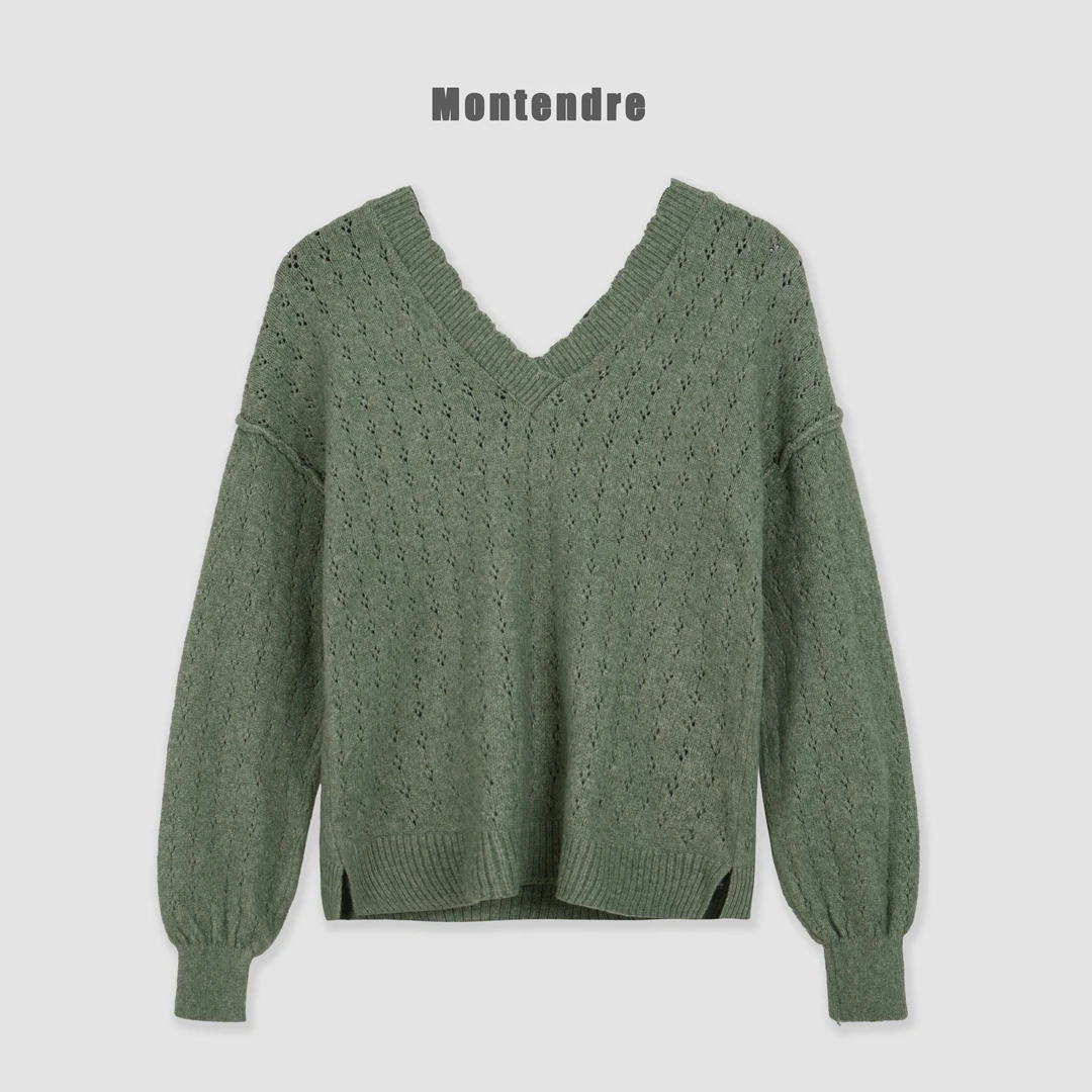 【MonTendre】秋季新款 F 宽松V领时尚气质镂空秋冬针织套头上衣