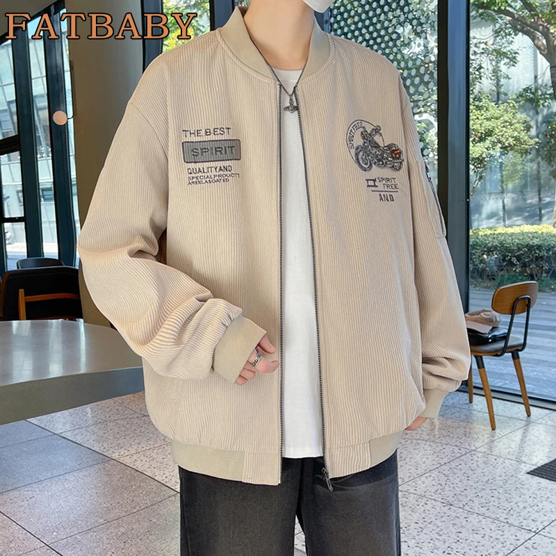 潮流大码休闲夹克男春季百搭棒球领加肥加大宽松痞帅男士外套无领