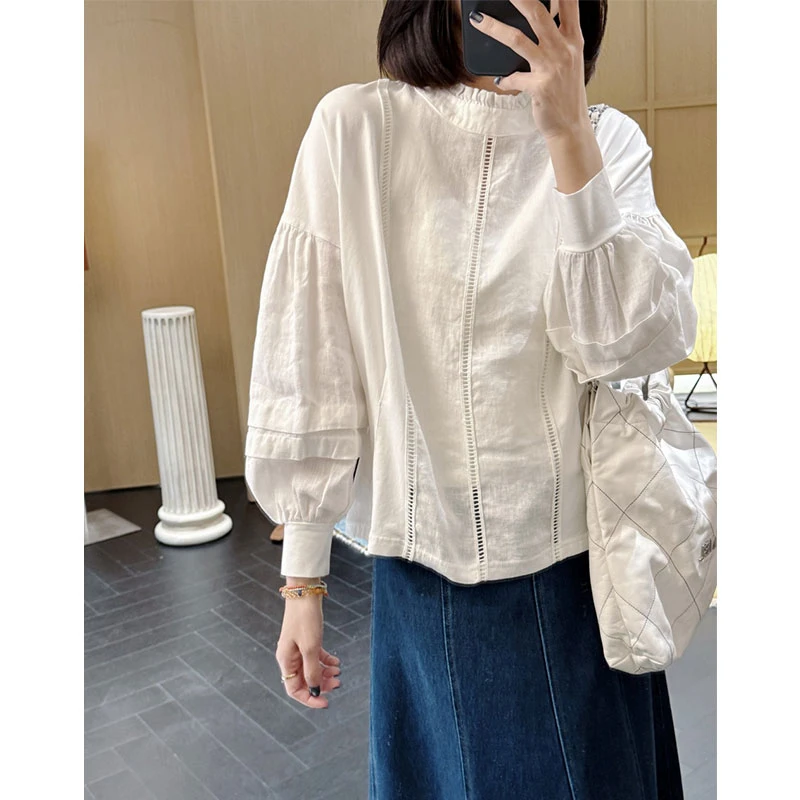 【MGDM】亚麻针织拼接木耳边灯笼袖衬衫小衫女2025春MM9113