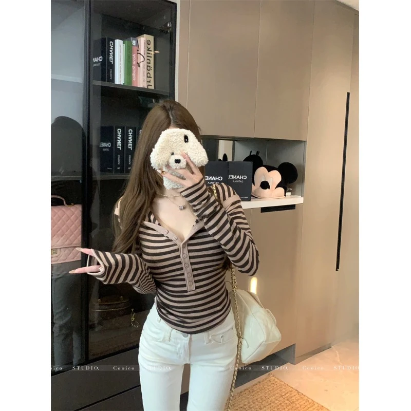 撞色条纹半领长袖T恤女冬季紧身收腰内搭辣妹修身女女士半袖t恤