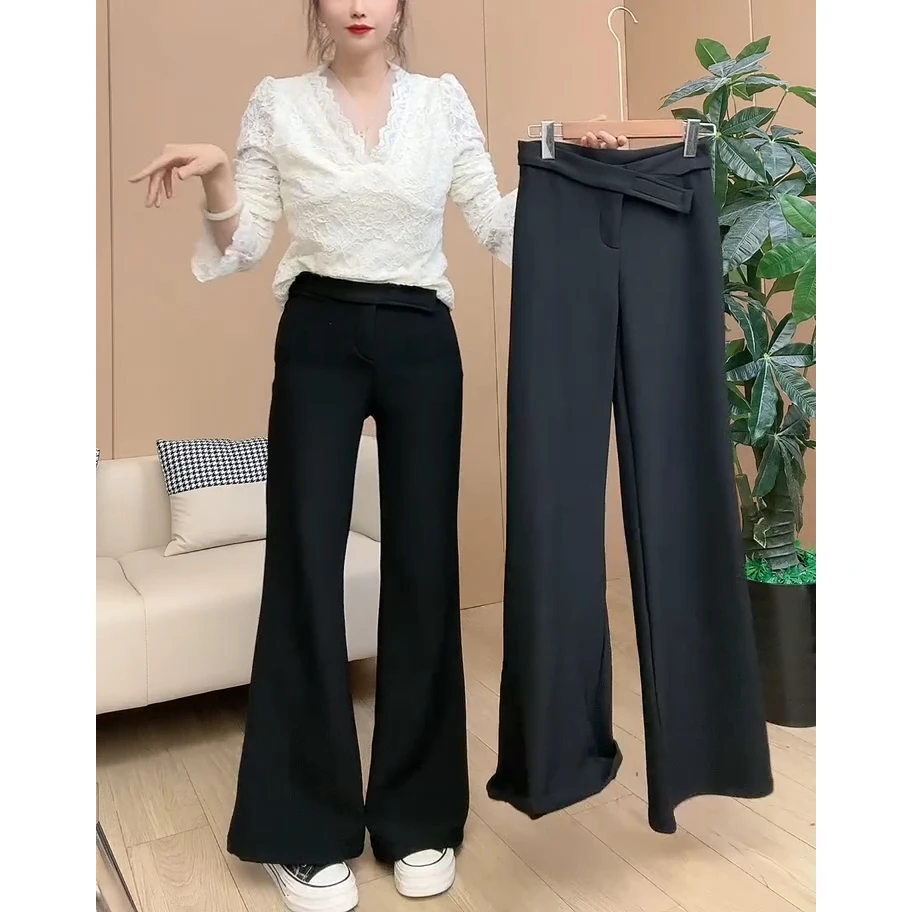 魔术贴加绒加厚西装阔腿裤女秋冬高腰窄版垂感提臀拖地马蹄喇叭裤