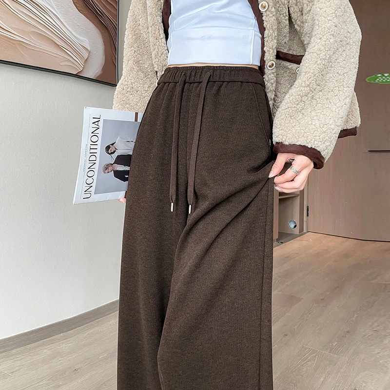 慵懒羊绒针织软糯米裤女秋冬松紧高腰抽绳拖地裤小个子咖色阔腿裤