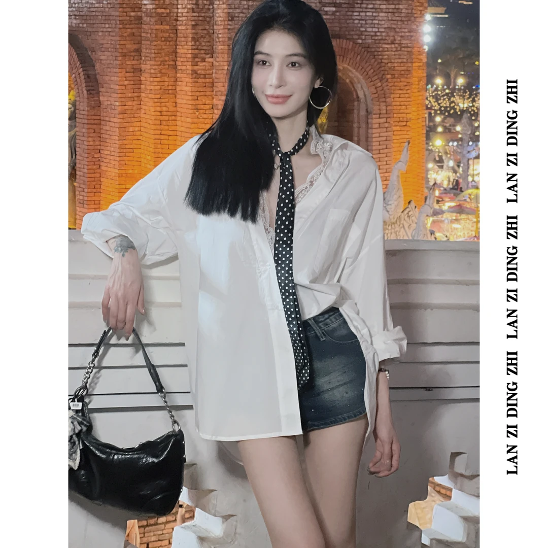 「与梦同舟」白色长袖简约蕾丝拼接气质百搭设计感休闲宽松上衣