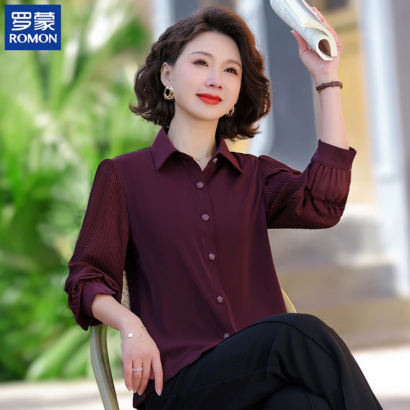 罗蒙名牌妈妈秋装衬衫新款中年时尚翻领上衣中老年女秋季长袖开衫
