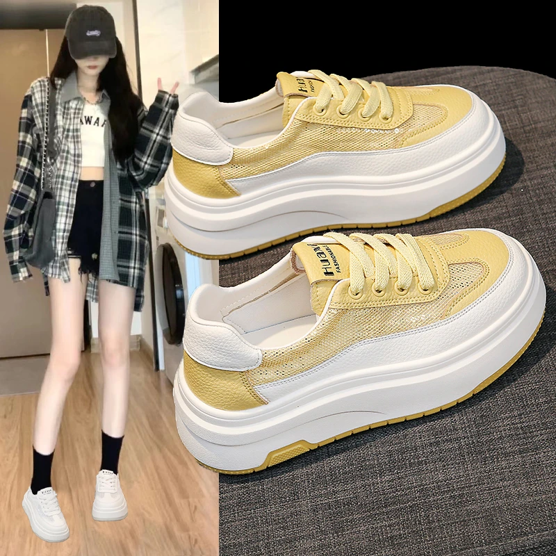 厚底小白鞋女2025新款夏季网面百搭运动小个子爆款休闲鞋增高板鞋