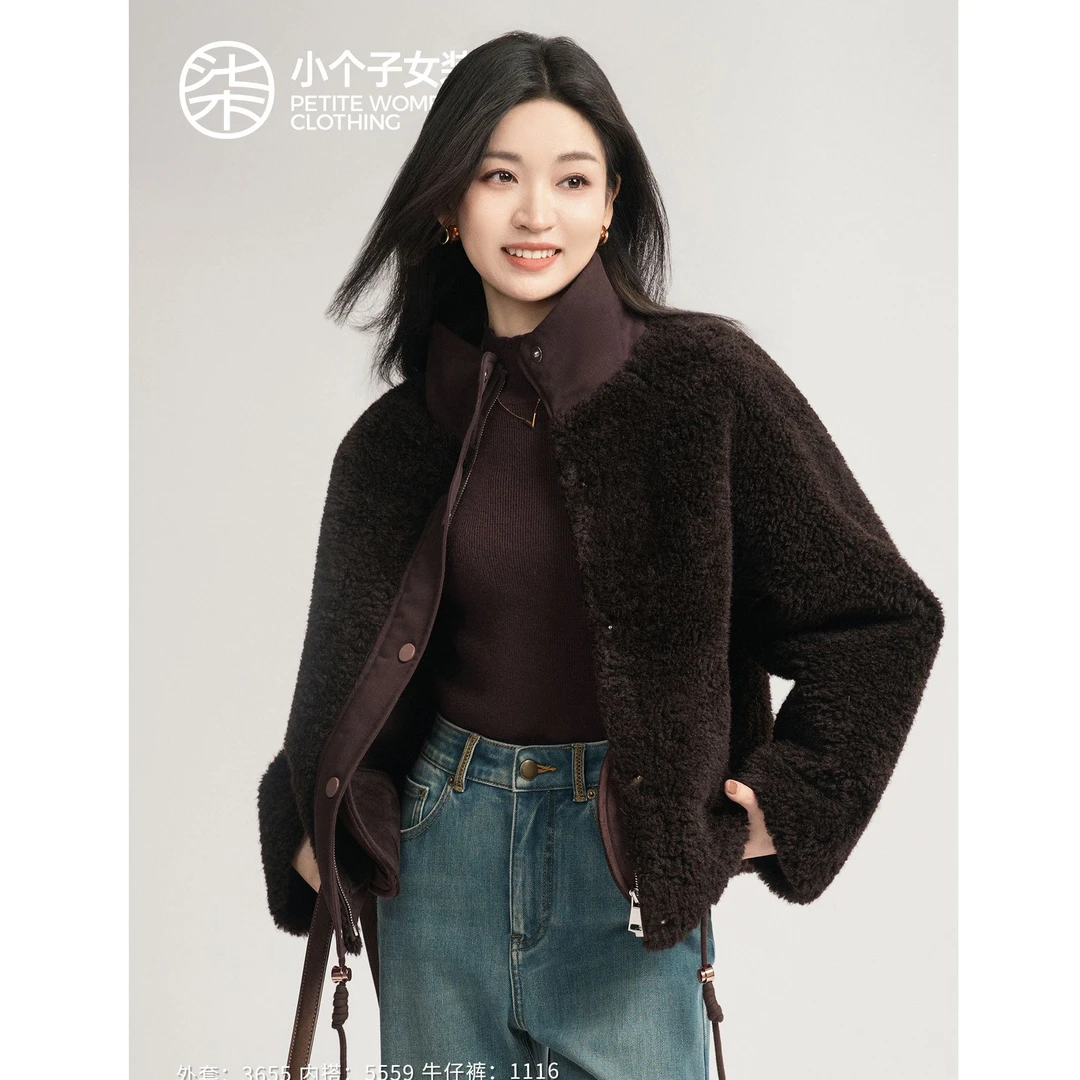 【柒量一裁】3655小个子咖色羊羔毛外套女颗粒绒皮毛一体气质上衣冬