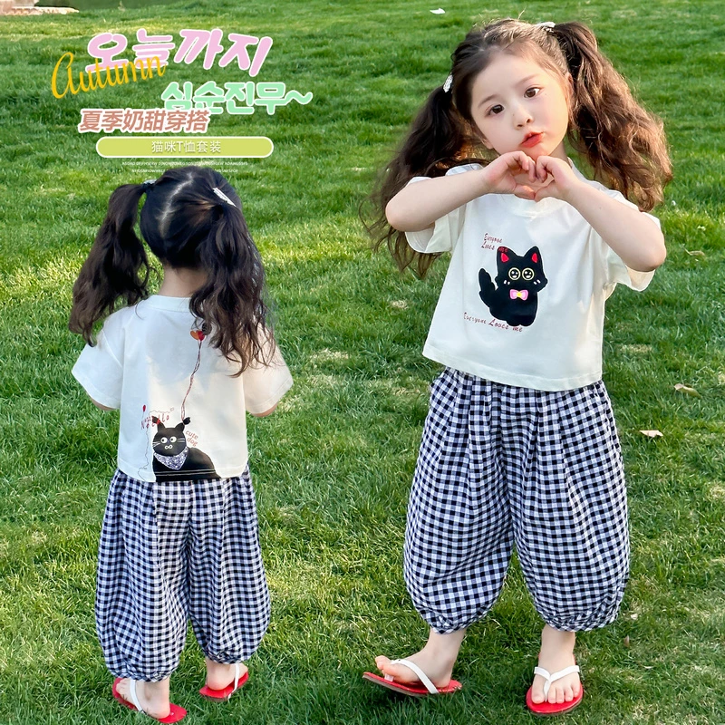 女童套装夏季新款女宝宝韩版好看洋气卡通短袖上衣防蚊裤两件套潮