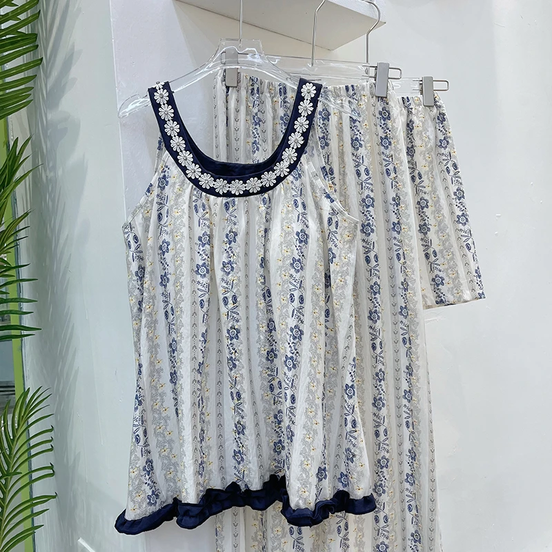 浪漫春天撞色碎花挂脖吊带三件套带杯垫睡衣夏可外穿透气套装2490