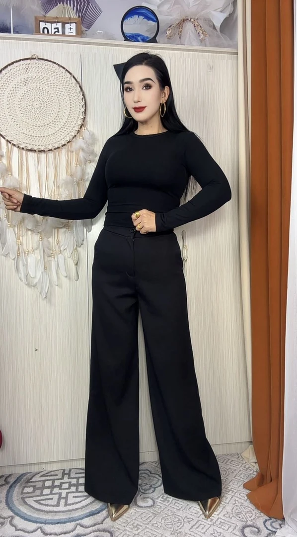 阔腿裤直筒裤拉链纯色秋季休闲裤无弹轻熟风微弹