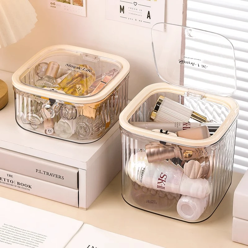 桌面收纳盒按压弹盖式大容量透明化妆品杂物收纳整理多功能收纳盒