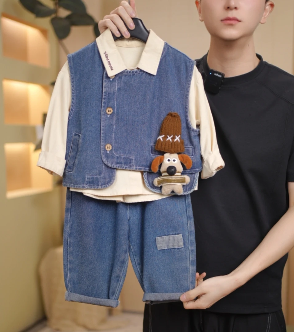 儿童秋季新款时尚休闲洋气设计款中小童牛仔马甲套装24689