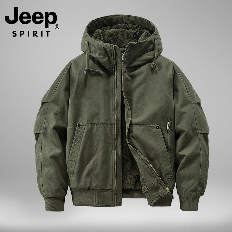 jeep吉普冬季连帽夹克男士加绒加厚水洗外套纯棉宽松保暖休闲夹克
