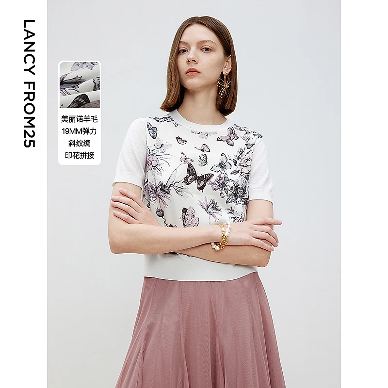 【陈大可】朗姿印花针织短袖高级感打底内搭25年春季毛针织衫上衣