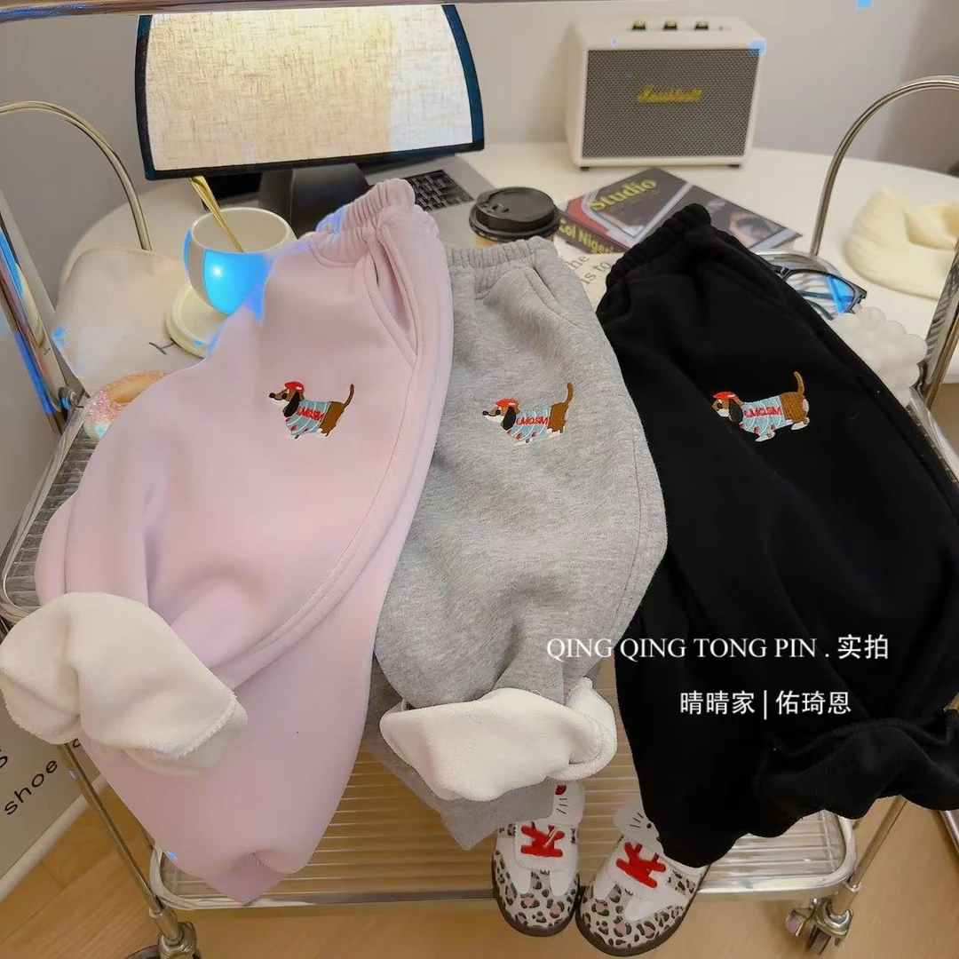 2025秋冬新休闲百搭儿童加绒裤子冬季加厚运动裤小狗刺绣加绒卫裤