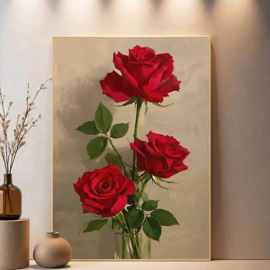 diy数字油画玫瑰花卉成人手工diy填色打发时间油彩客厅卧室装饰画