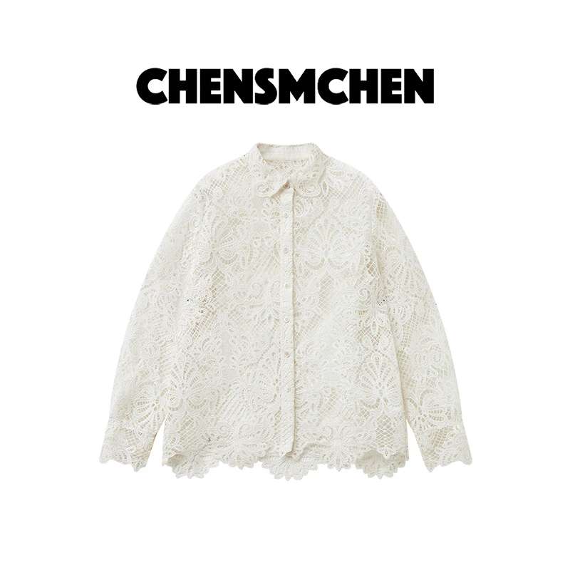 CHENSMCHEN 纯色镂空蕾丝衬衫女时尚优雅精致休闲衬衣CSC5529TT