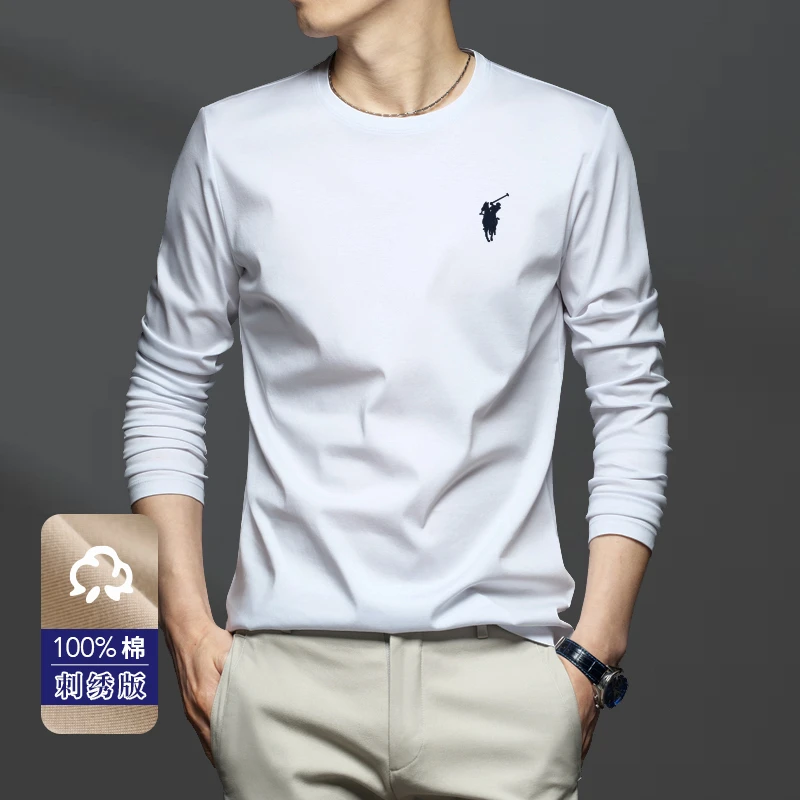 【奥莱折扣】保罗长袖T恤男装纯色春秋新款马标刺绣100%纯棉打底衫