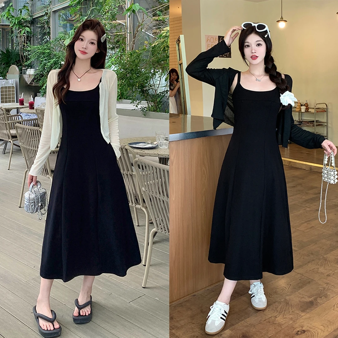 清63283+63173大码夏2025薄款长袖开衫赫本风吊带小黑裙法式套装