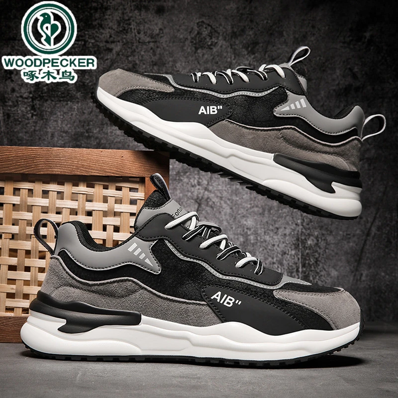 【正品】啄木鸟阿甘男鞋秋季皮面运动鞋男士百搭休闲鞋跑步防滑增高