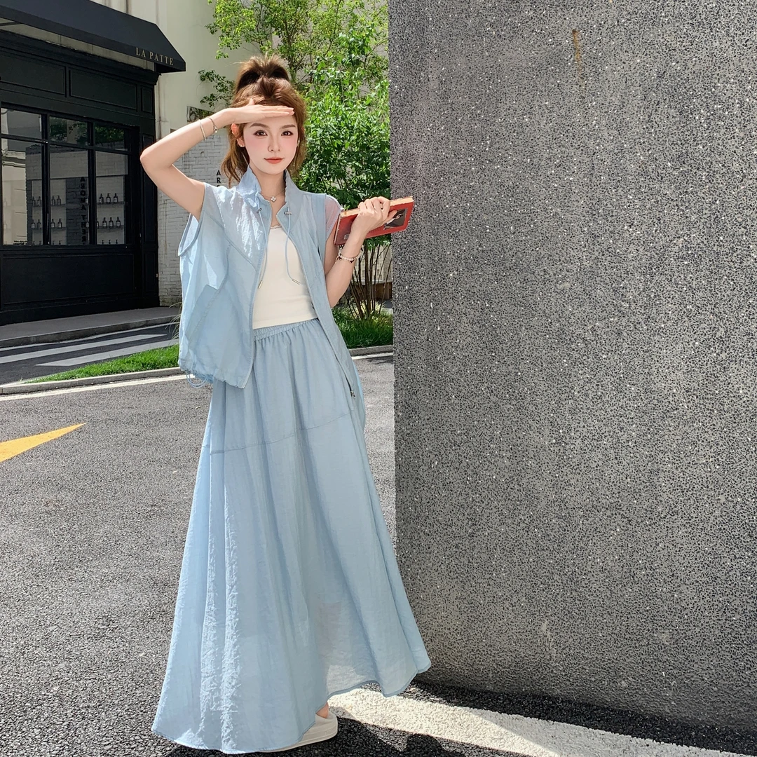 蓝色休闲减龄套装裙夏2025新款法式无袖开衫上衣及踝半身裙两件套
