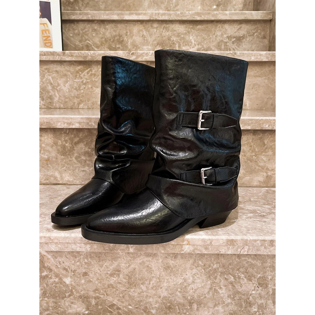 【维米克设计师版】明星同款欧货百搭尖头金属扣小众辣妹网红粗跟