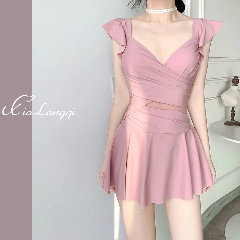 游泳衣女新款保守显瘦气质遮肉温泉连体平角裙式女士性感泳装纯欲