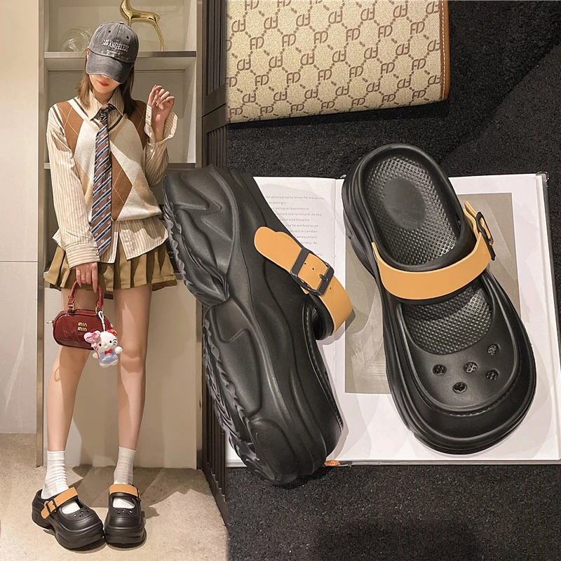 时尚外穿防滑凉鞋百搭包头沙滩半拖鞋厚底洞洞鞋2025新款玛丽珍女