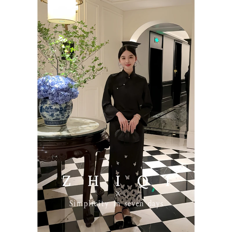 ZHIQI/止观七【墨蝶穿香】新中式蝴蝶提花改良旗袍气质连衣裙现货