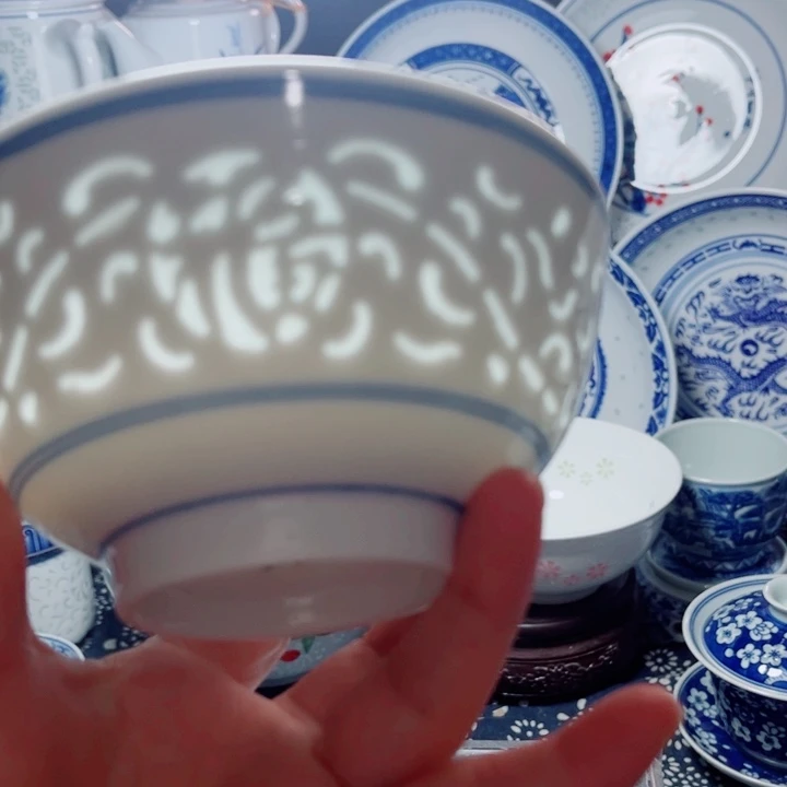 青花玲珑5寸饭碗满雕双福双线