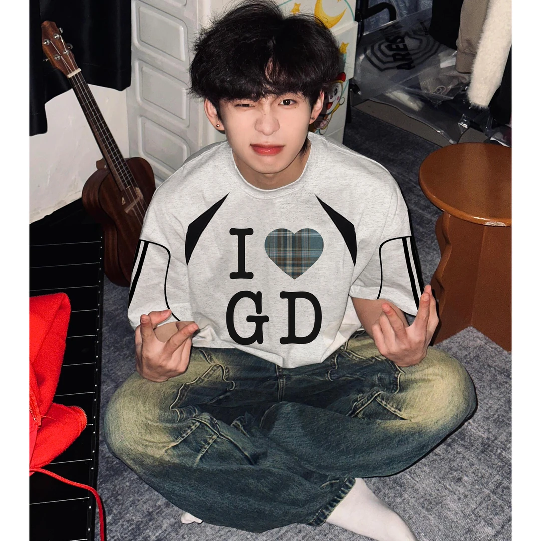 100%美式简约爱心字母印花纯棉短袖t恤男女夏季宽松情侣百搭上衣