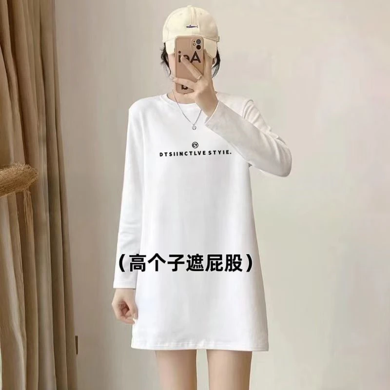 春秋高个子长款纯棉t恤女遮屁股宽松大码印花小个子过膝打底衫ins