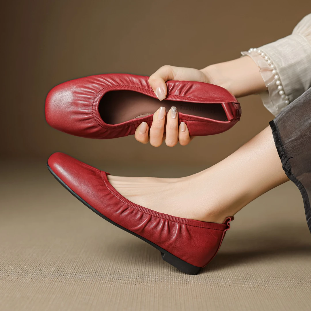 法式复古羊皮单鞋女浅口真皮软底奶奶鞋蛋卷鞋芭蕾舞平底鞋豆豆鞋