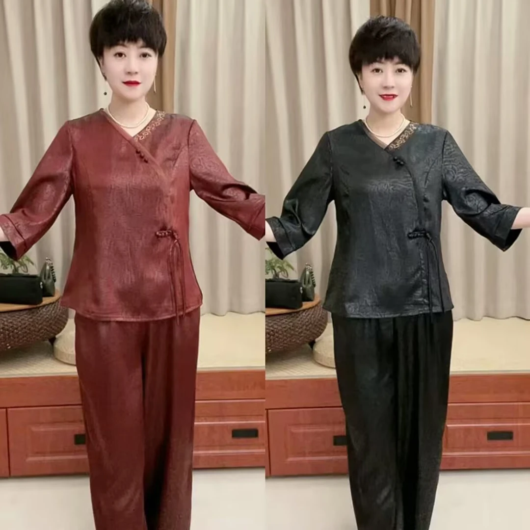 2025春夏新款套头小衫阔太太夏季减龄气质休闲两件套中年女套装