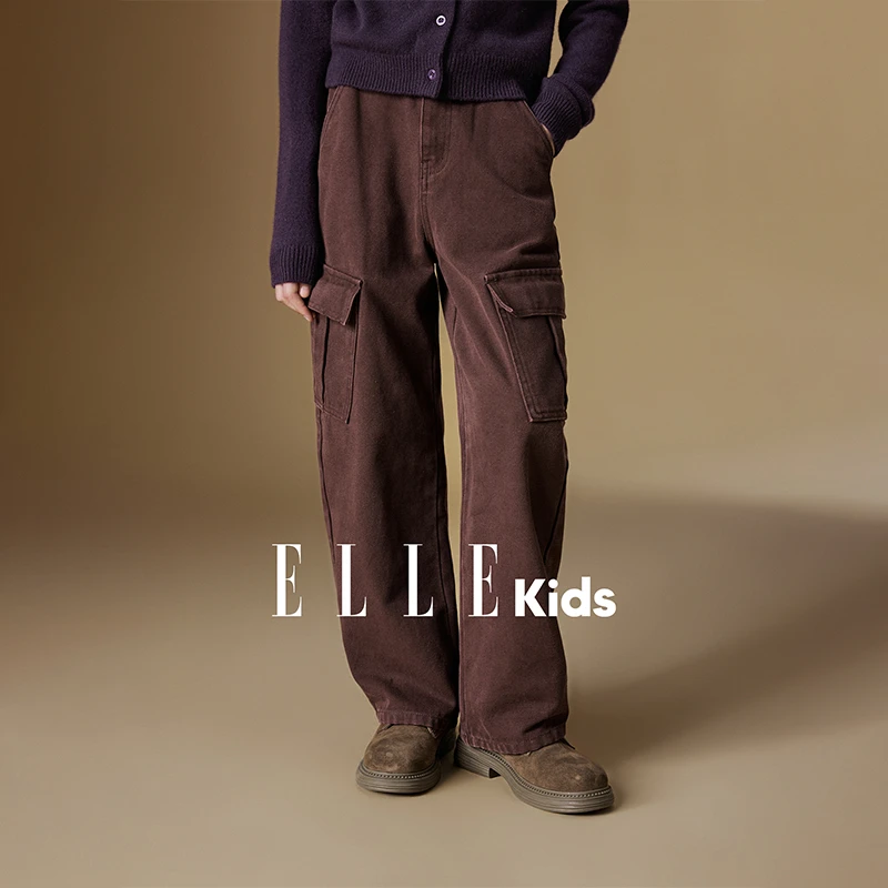 ELLE KIDS 工装弯刀牛仔裤女童秋季新款复古学院字母绣花裤子Q5