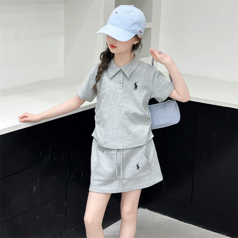女童套装2025夏季新款洋气韩版polo领短袖T恤短裙甜美儿童两件套
