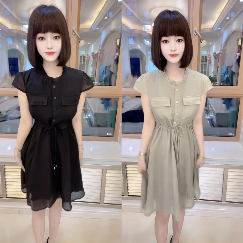 夏季高腰系带工装风显瘦时尚气质休闲连衣裙