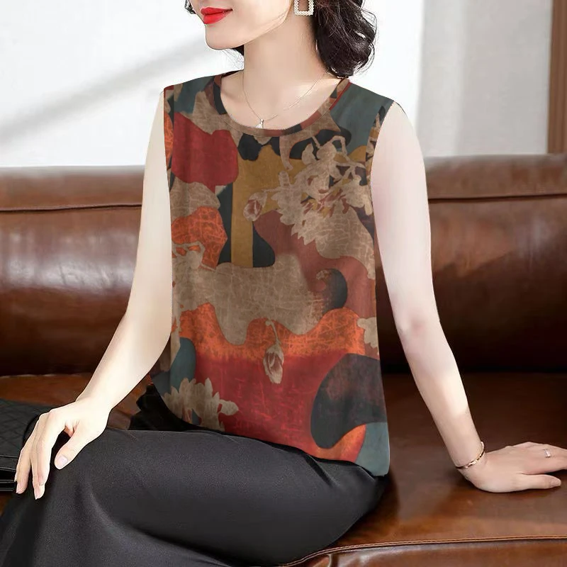 新款中老年圆领背心女妈妈装冰丝背心夏无袖上衣小衫大码宽松短袖