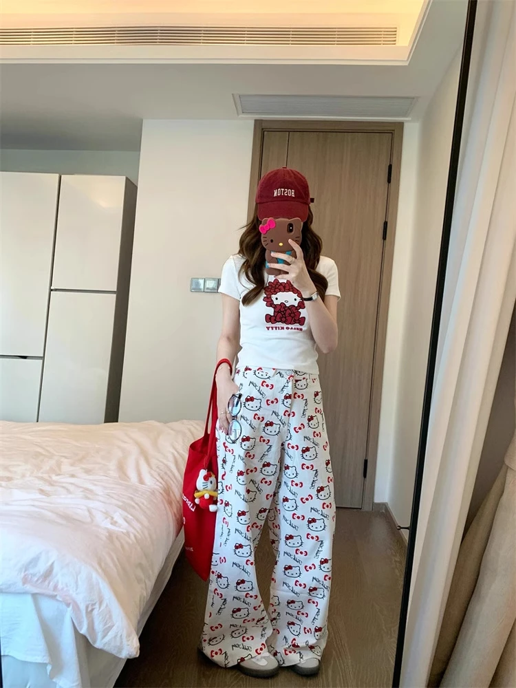 白色kitty猫咪印花高腰阔腿牛仔裤女夏季小个子2025新款直筒宽松