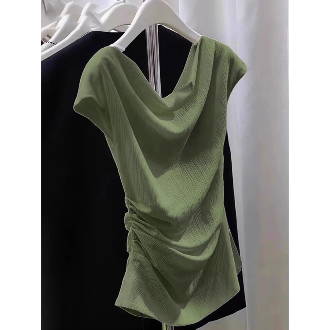 超好看绿色荡领短袖T恤女2025年夏季新款设计感褶皱收腰显瘦上衣