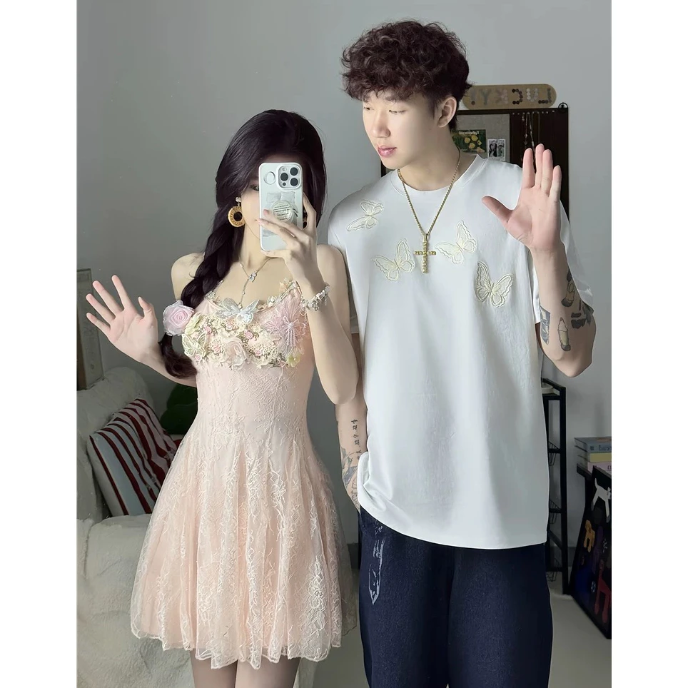 情侣装法式甜美纯欲立体花朵网纱吊带连衣裙2025新款仙女裙男上衣