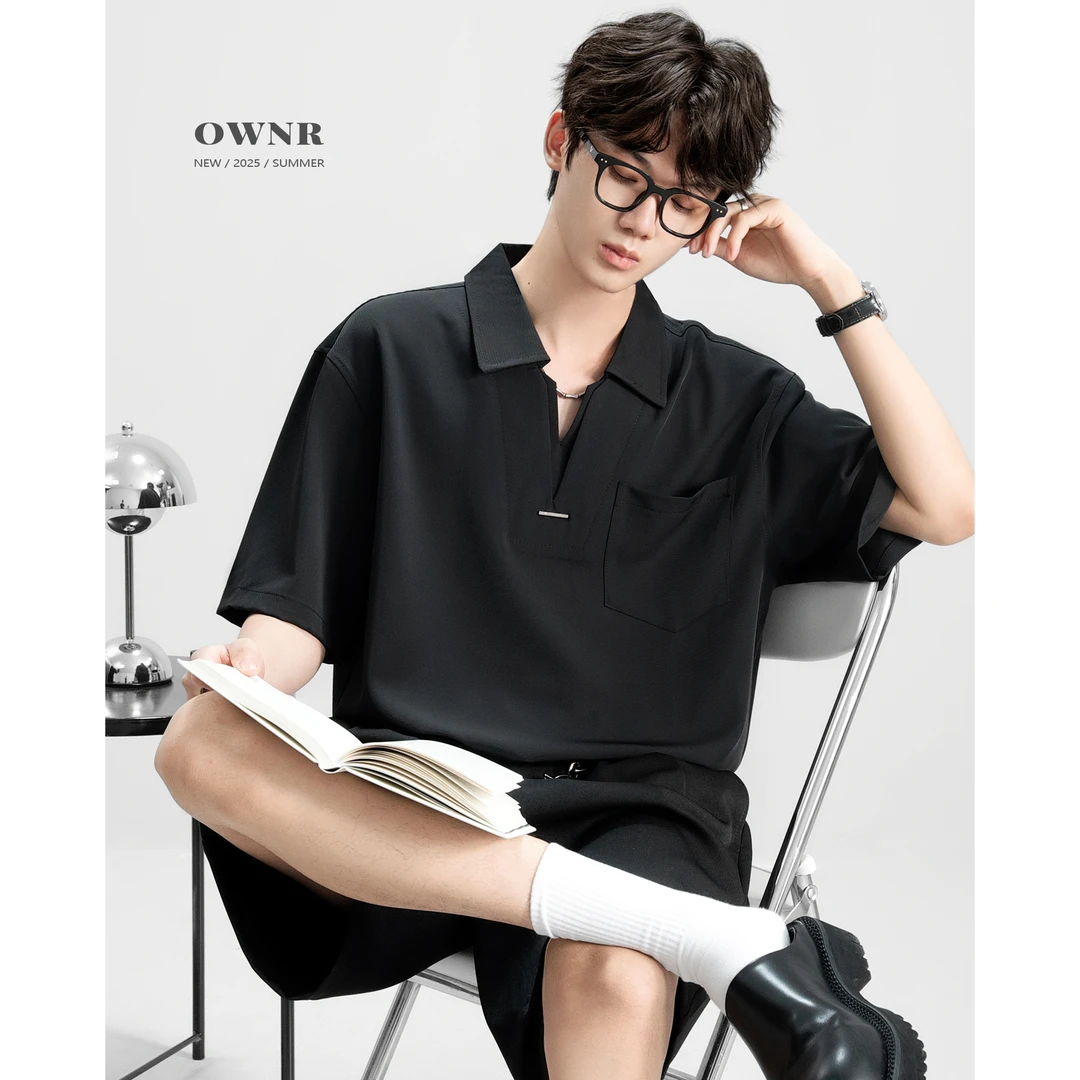 OWNR/OWNR黑色短袖落肩袖冰丝POLO衫男2025年夏新款痞帅设计感T恤