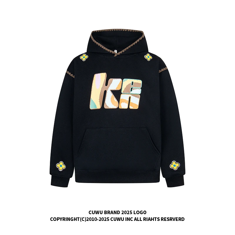 cuwu国潮美式拼色字母连帽卫衣女男春季慵懒风宽松民族风帽衫外套
