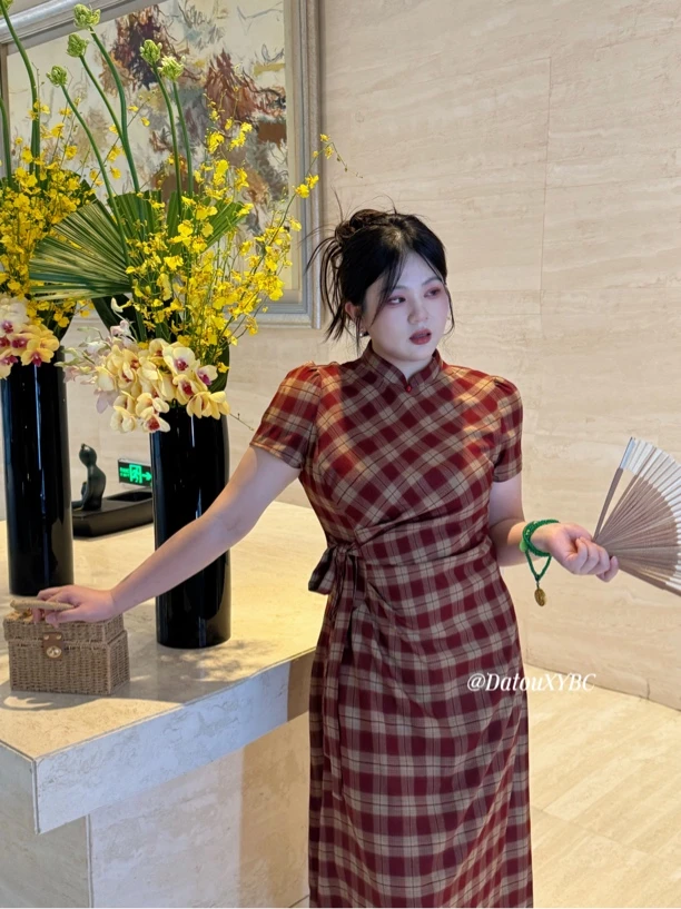 哒头.Studio【胭脂格】微胖mm大码民国风复古红格纹改良旗袍连衣裙