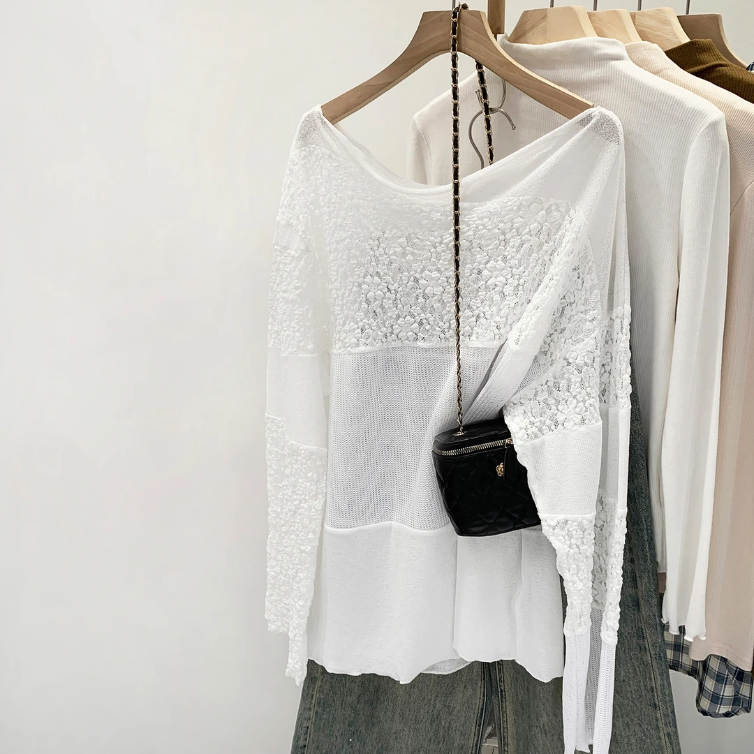 【部分现】2025夏季新款一字领蕾丝钩花镂空拼接防晒罩衫女250589